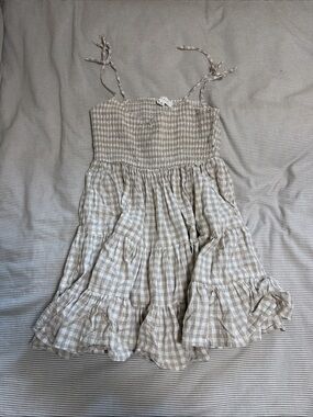 Mable Beige Gingham Tiered Sundress with Tie Straps